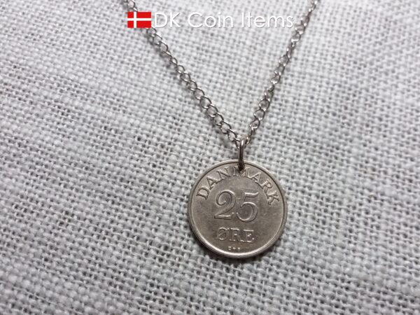 Denmark 1957 coin necklace with 67 year old Crown R initial 25 ore as coin pendant. 67th birthday gift. Danish vintage souvenir