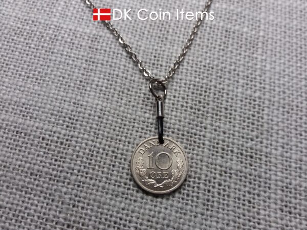 Denmark 1971 coin necklace with 53 year old Crown R initial 10 ore as coin pendant. 53rd birthday gift. Danish vintage souvenir