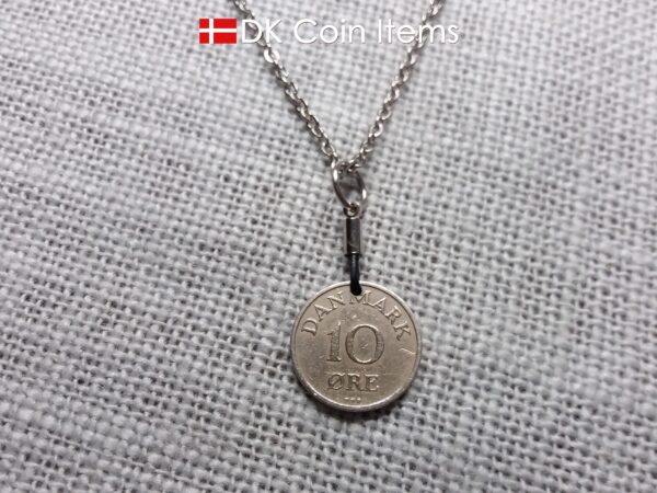 Denmark 1950 coin necklace with 74 year old Crown R initial 10 ore as coin pendant. 74th birthday gift. Danish vintage souvenir