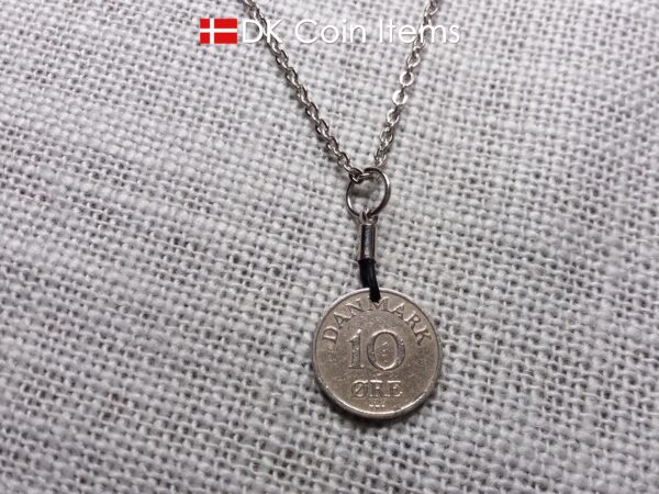 Denmark 1952 coin necklace with 72 year old Crown R initial 10 ore as coin pendant. 72nd birthday gift. Danish vintage souvenir