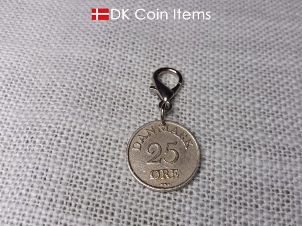 Denmark 1953 coin charm. 71 year old Danish 25 ore with Crown R initial as coin pendant