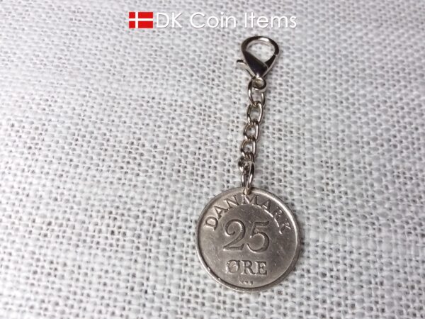 Denmark 1953 coin charm. 71 year old coin pendant. Danish 25 ore with Crown R initial