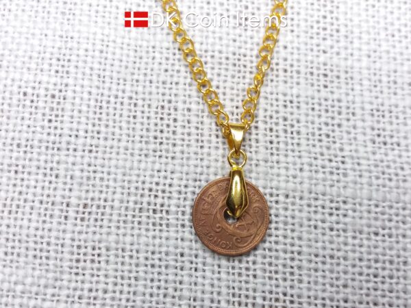 Denmark 1928 coin necklace. 96 year old coin pendant. Copper 1 ore with Crown C initial