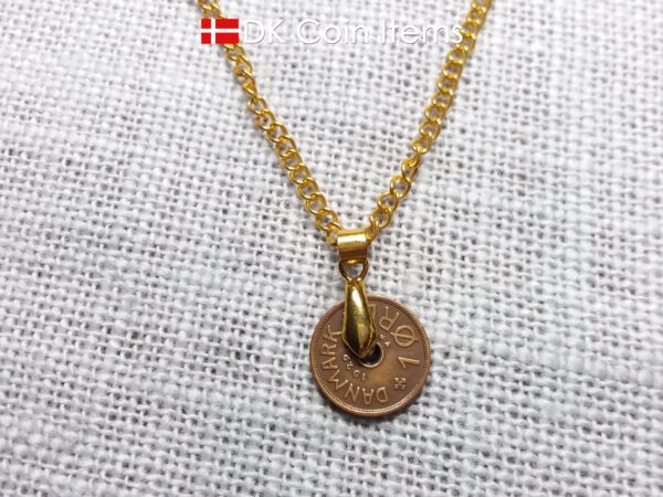 Denmark 1929 coin necklace. 95 year old coin pendant. Copper 1 ore with Crown C initial