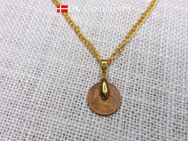 Denmark 1930 coin necklace. 94 year old coin pendant. Copper 1 ore with Crown C initial