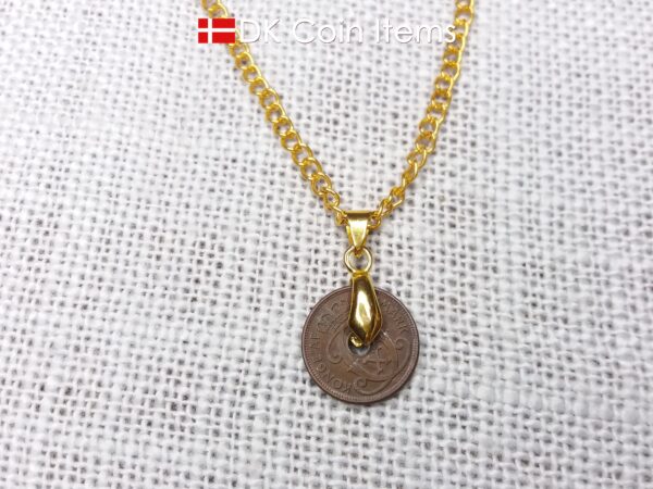 Denmark 1933 coin necklace. 91 year old coin pendant. Copper 1 ore with Crown C initial