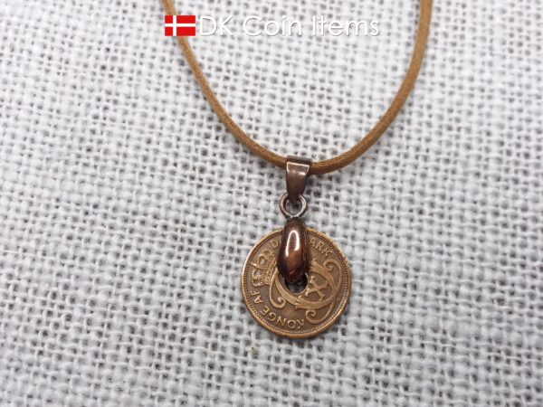 Denmark 1928 coin necklace. 96 year old coin pendant. Danish Crown C initial Copper 1 ore