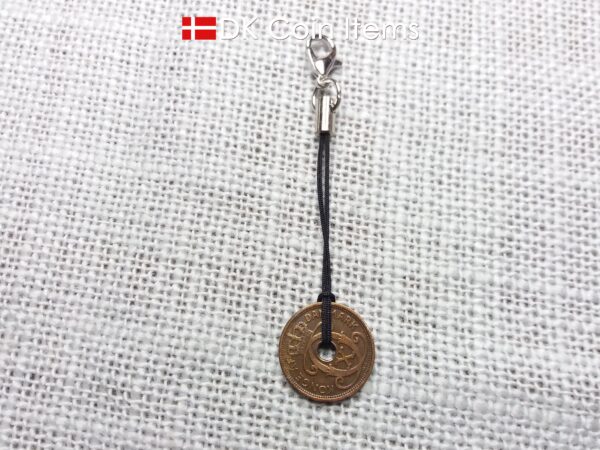 Denmark 1928 coin charm. 96 year old Crown C initial Copper 1 ore as coin pendant