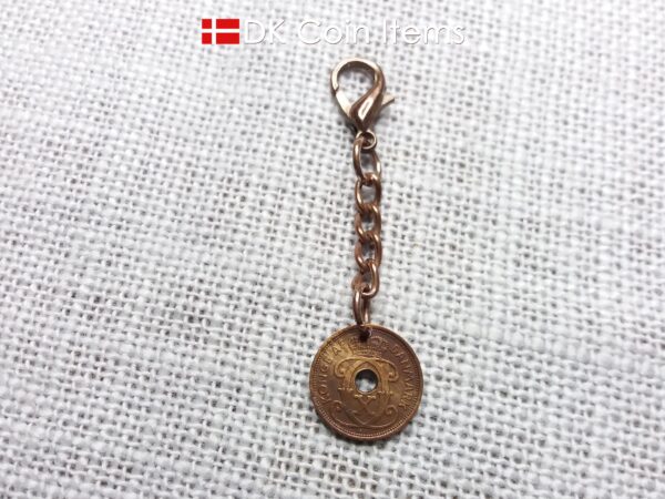 Denmark 1930 coin charm. 94 year old Crown C initial Copper 1 ore as coin pendant