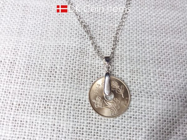 Denmark 1984 coin necklace. 40 year old coin pendant. Initial M 25 ore. Danish Crown souvenir