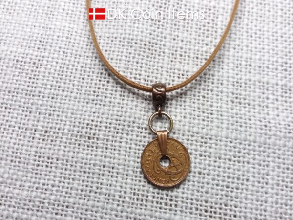 Denmark 1940 coin necklace. 84 year old Crown C initial Copper 1 ore as coin pendant