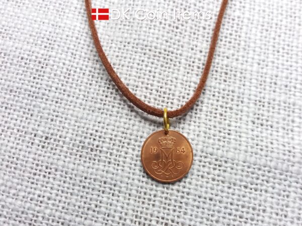 Denmark 1984 coin necklace with a 40 year old Danish 5 ore with Crown M initial as coin pendant. Danish vintage souvenir