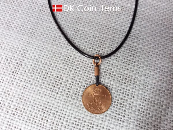 Denmark 1973 coin necklace. 51 year old coin pendant. Initial M 5 ore. 51st birthday gift. 5th anniversary gift. Danish vintage souvenir.