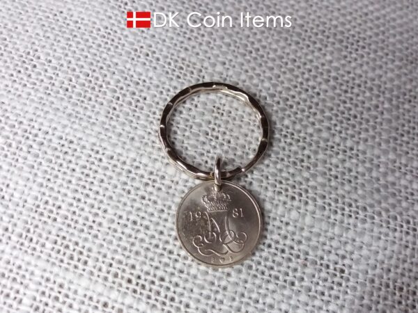 Denmark 1981 coin keychain with 43 year old M initial 10 ore as coin pendant. 43rd birthday gift. 10th anniversary gift