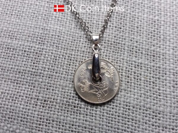 Denmark 1974 coin necklace. 50 year old coin pendant. Initial M 25 ore. Danish Crown souvenir gift