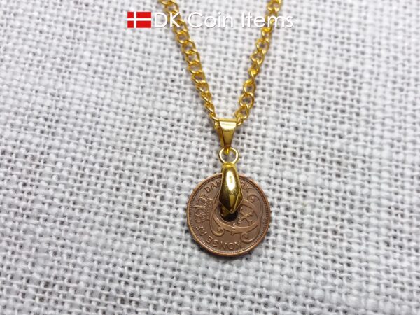 Denmark 1934 coin necklace with 90 year old Crown C initial Copper 1 ore as coin pendant