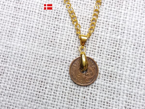 Denmark 1936 coin necklace with 88 year old Crown C initial Copper 1 ore as coin pendant