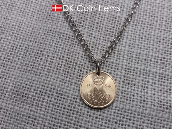 Denmark 1984 coin necklace with 40 year old M initial 10 ore as coin pendant. 40th birthday gift. 10th anniversary gift. Danish souvenir gift