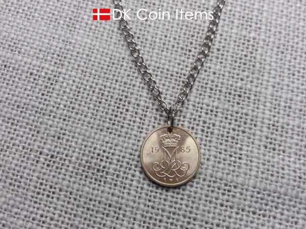 Denmark 1985 coin necklace with 39 year old M initial 10 ore as coin pendant. 39th birthday gift. 10th anniversary gift. Danish souvenir gift