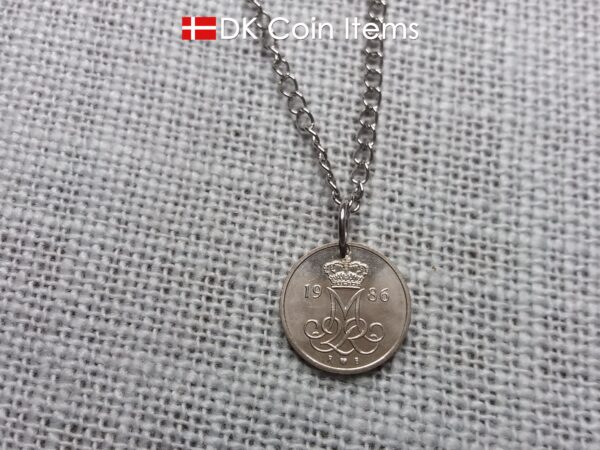 Denmark 1986 coin necklace with 38 year old M initial 10 ore as coin pendant. 38th birthday gift. 10th anniversary gift. Danish souvenir gift