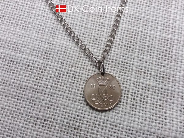 Denmark 1980 coin necklace with 44 year old M initial 10 ore as coin pendant. 44th birthday gift. 10th anniversary gift. Danish souvenir gift