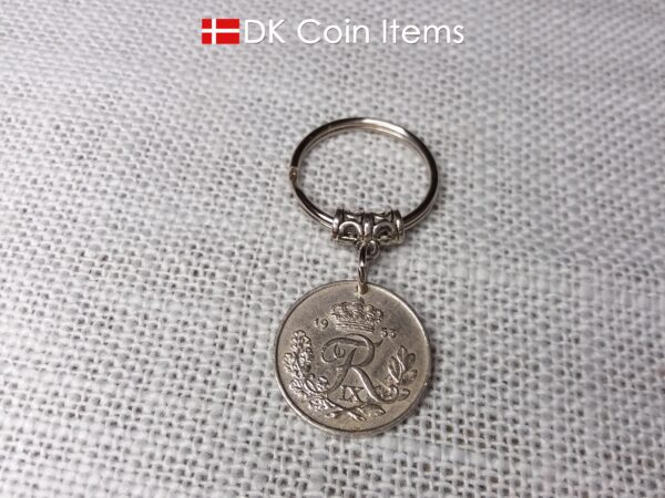 Denmark 1953 coin keychain. 71 year old coin pendant. Danish 25 ore with Crown R initial