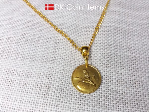 Danish coin pendant necklace with The Little Mermaid statue/sculpture on a Copenhagen vintage brass fare token from 1966-1967