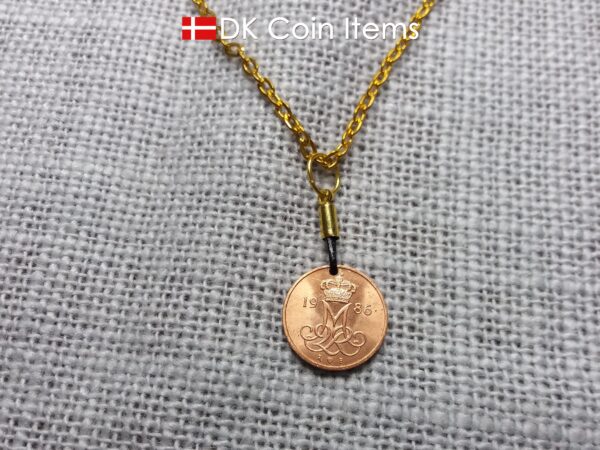 Denmark 1986 coin necklace with 38 year old Crown M initial 5 ore as coin pendant. 38th birthday gift. Danish vintage souvenir