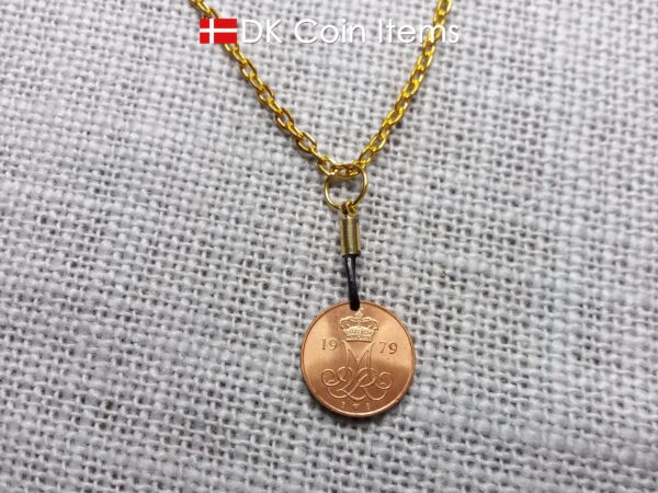 Denmark 1979 coin necklace with 45 year old Crown M initial 5 ore as coin pendant. 45th birthday gift. Danish vintage souvenir