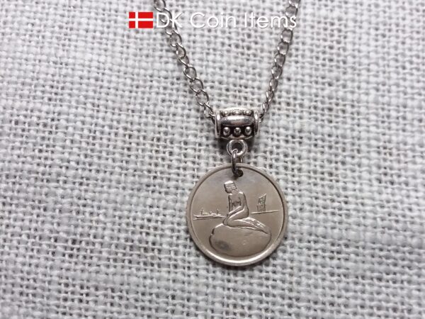 Denmark Little Mermaid necklace with a Copenhagen vintage 1966-1967 token coin showing The Danish Little Mermaid statue/sculpture