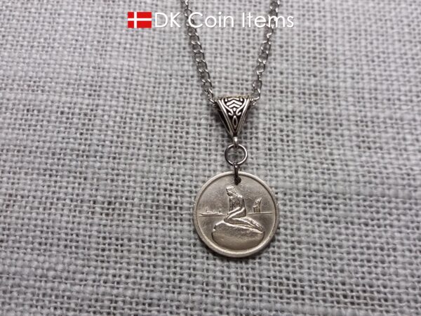 Denmark Little Mermaid coin necklace with a Copenhagen vintage 1966-1967 token showing The Danish Little Mermaid statue/sculpture