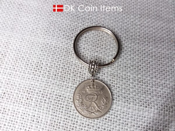 Denmark 1953 coin keychain. 71 year old Danish 25 ore with Crown R initial as coin pendant