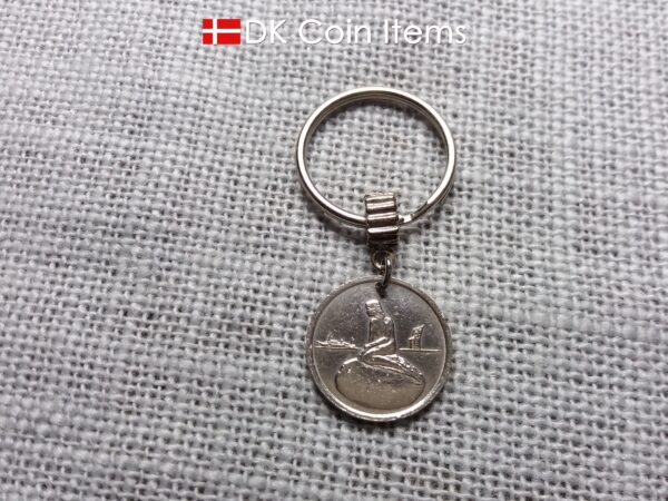 Denmark Little Mermaid keychain with a Copenhagen vintage 1966-1967 token coin showing The Danish Little Mermaid statue/sculpture