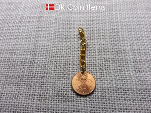 Denmark 1973 coin necklace with a 51 year old Danish Crown M initial 5 ore as coin pendant. Danish vintage souvenir