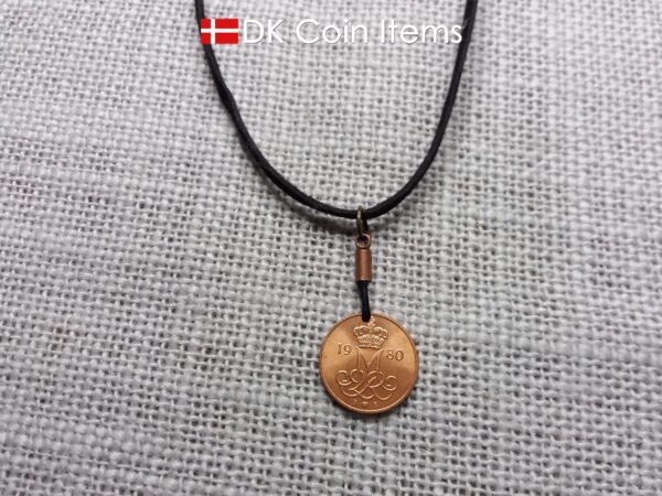 Denmark 1980 coin necklace with 44 year old Crown M initial 5 ore as coin pendant. 44th birthday gift. Danish vintage souvenir