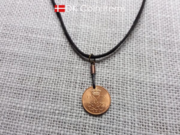 Denmark 1983 coin necklace with 41 year old Crown M initial 5 ore as coin pendant. 41st birthday gift. Danish vintage souvenir