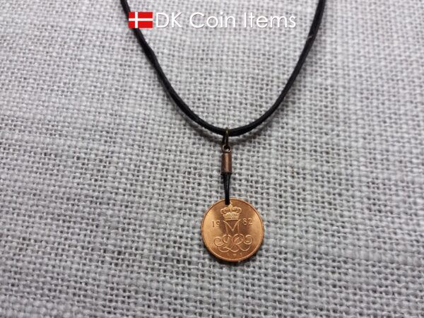 Denmark 1982 coin necklace with 42 year old Crown M initial 5 ore as coin pendant. 42nd birthday gift. Danish vintage souvenir