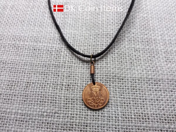 Denmark 1988 coin necklace with 36 year old Crown M initial 5 ore as coin pendant. 36th birthday gift. Danish vintage souvenir