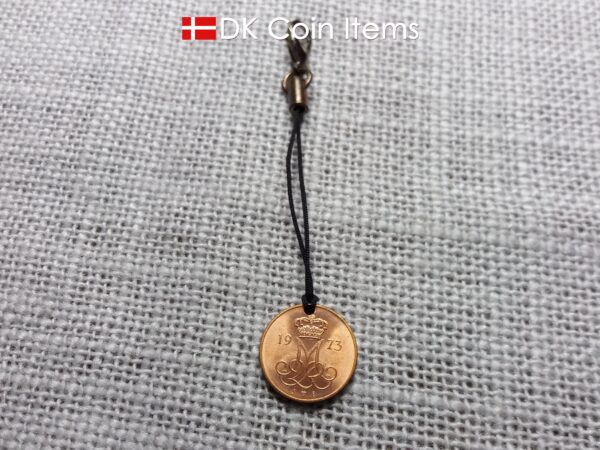 Denmark 1973 coin charm with 51 year old Crown M initial 5 ore as coin pendant. Danish vintage souvenir