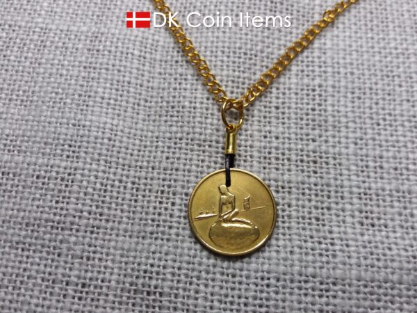 Denmark Little Mermaid coin pendant necklace with a Copenhagen vintage 1966-1967 token showing The Danish Little Mermaid statue/sculpture