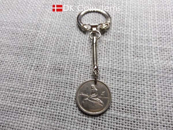 Denmark Little Mermaid coin pendant keychain with a Copenhagen vintage 1966-1967 token showing The Danish Little Mermaid statue/sculpture