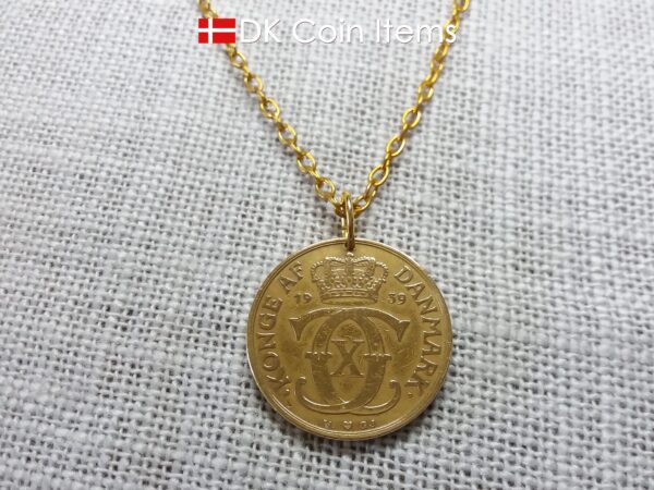 Denmark 1939 coin necklace. 85 year old golden initial C coin pendant with Danish Royal Crown 2 krone. 85th birthday gift. Antique souvenir