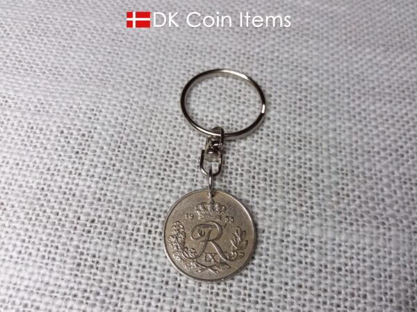 Denmark 1953 coin keychain with 71 year old Crown R initial 25 ore as coin pendant