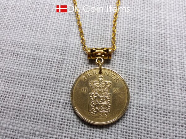 Denmark 1957 coin necklace with 67 year old golden Coat of Arms coin pendant with Royal Crown 2 krone. 67th birthday gift. Vintage souvenir