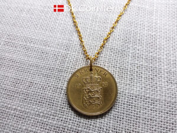 Denmark 1957 coin necklace. 67 year old golden Coat of Arms coin pendant with Royal Crown 2 kroner. 67th birthday gift. Vintage souvenir