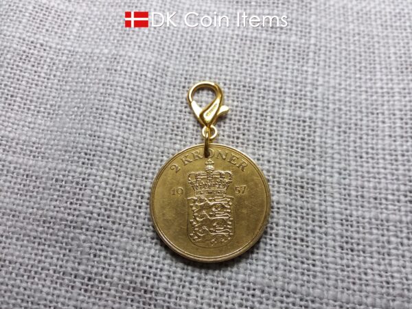 Denmark 1957 coin charm. 67 year old golden Coat of Arms with Royal Crown 2 kroner coin pendant. 67th birthday gift. Vintage souvenir