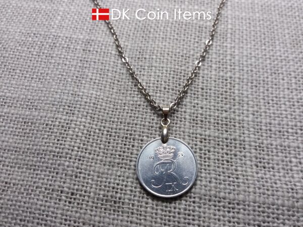 Denmark 1971 coin necklace. Crown R initial on 53 year old 2 ore as coin pendant. 53rd birthday gift. Danish vintage souvenir