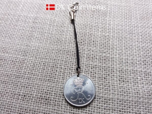 Denmark 1971 coin charm with 53 year old Crown R initial 2 ore as coin pendant. 53rd birthday gift. Danish vintage souvenir