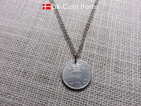 Denmark 1969 coin necklace with 55 year old Crown R initial 2 ore as coin pendant. 55th birthday gift. Danish vintage souvenir