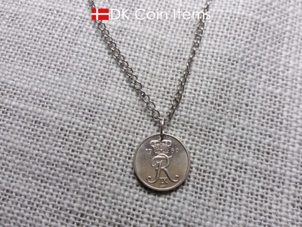 Denmark 1969 coin necklace with 55 year old Crown R initial 10 ore as coin pendant. 55th birthday gift. Danish vintage souvenir